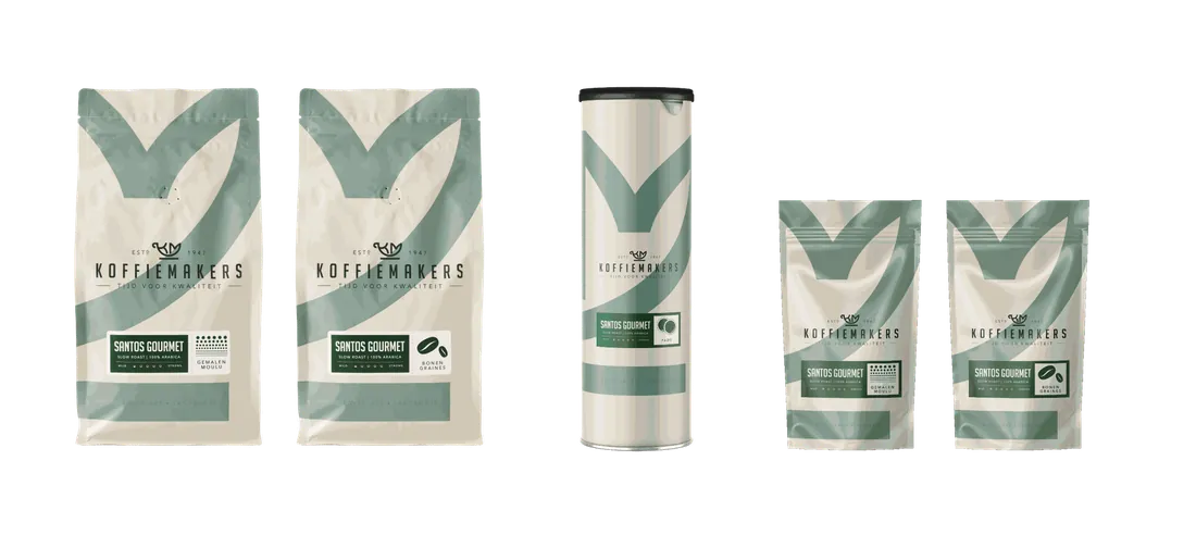 Santos Gourmet van Koffiemakers in alle verpakkingen: grote zakken gemalen en bonen, een koker pads en kleine zakken gemalen en bonen