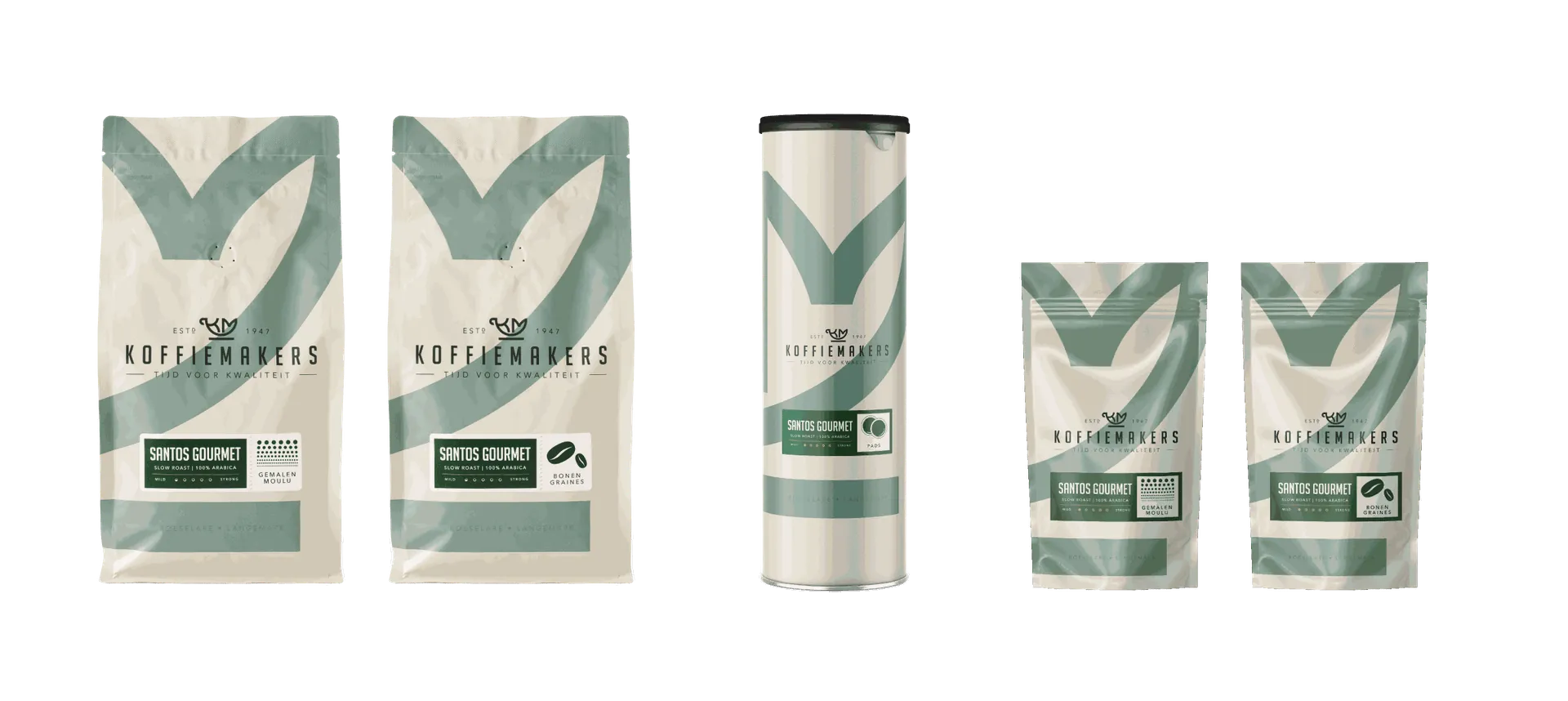 Santos Gourmet van Koffiemakers in alle verpakkingen: grote zakken gemalen en bonen, een koker pads en kleine zakken gemalen en bonen