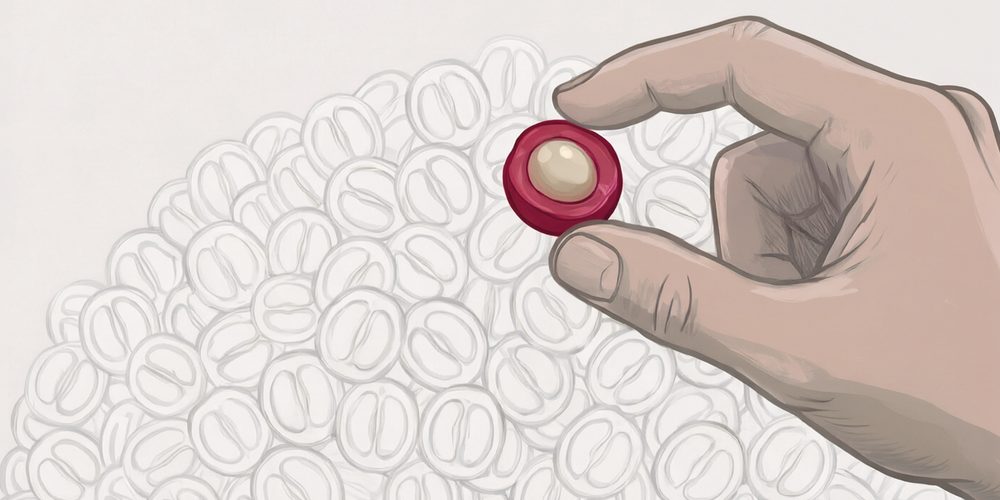 Tekening van de Kenya-zak: een hand met een ronde peaberry