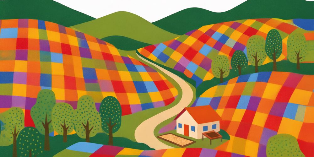 Tekening van de Peru-zak: kleurrijke velden in de heuvels