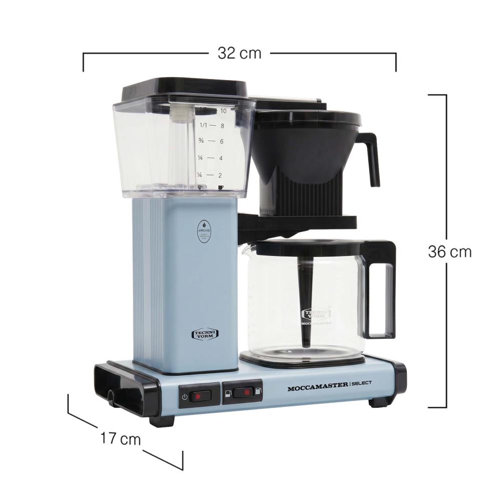 Moccamaster KBG Select in Baby Blue met de afmetingen: 32 cm breed, 17 cm diep, 36 cm hoog
