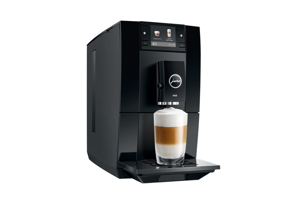 Jura A8 in driekwart, met een latte macchiato