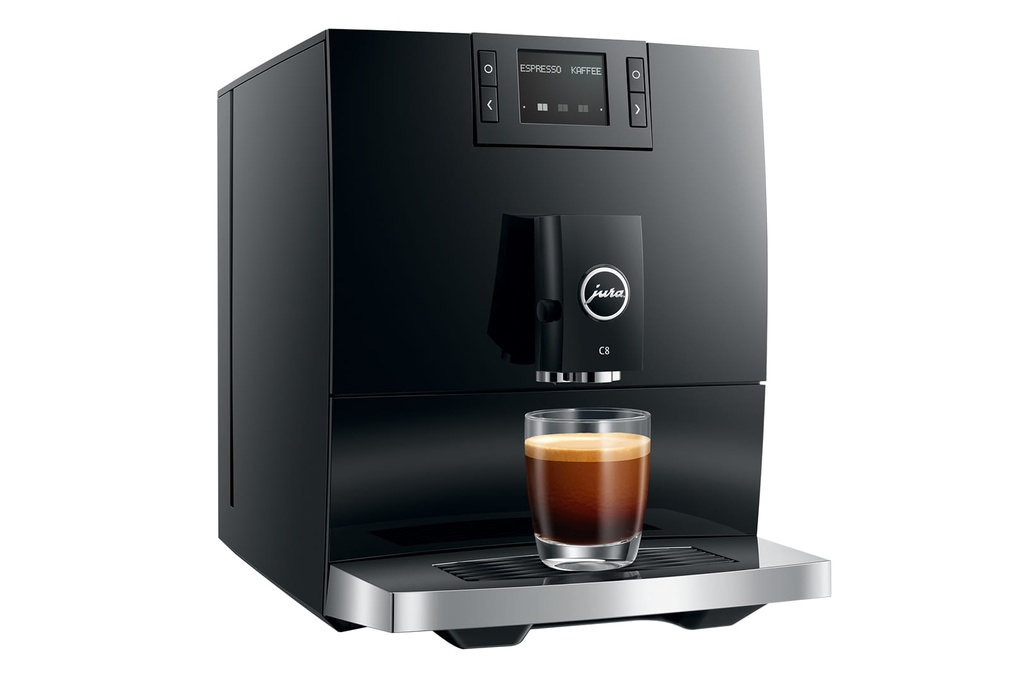 Jura C8 in driekwart, met een espresso
