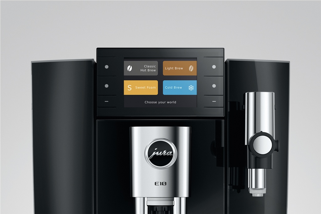 Het scherm van de Jura E10 met de keuze tussen warme en koude koffie