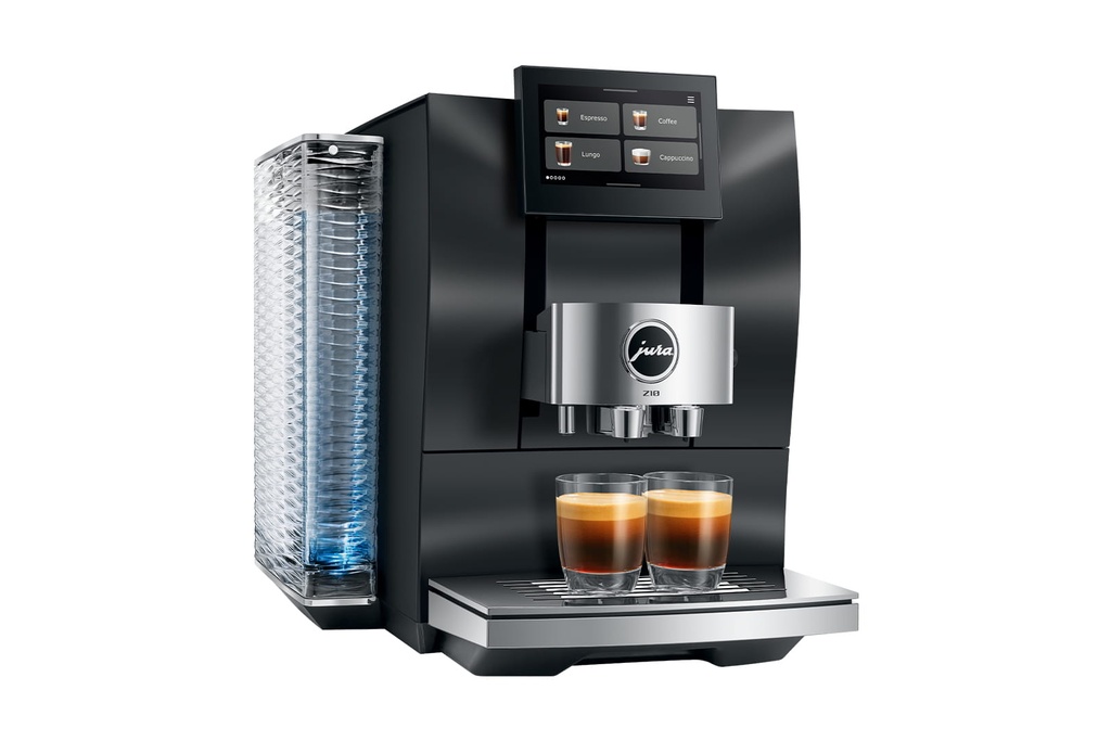 Jura Z10 in Obsidian Black in driekwart, met het verlichte waterreservoir