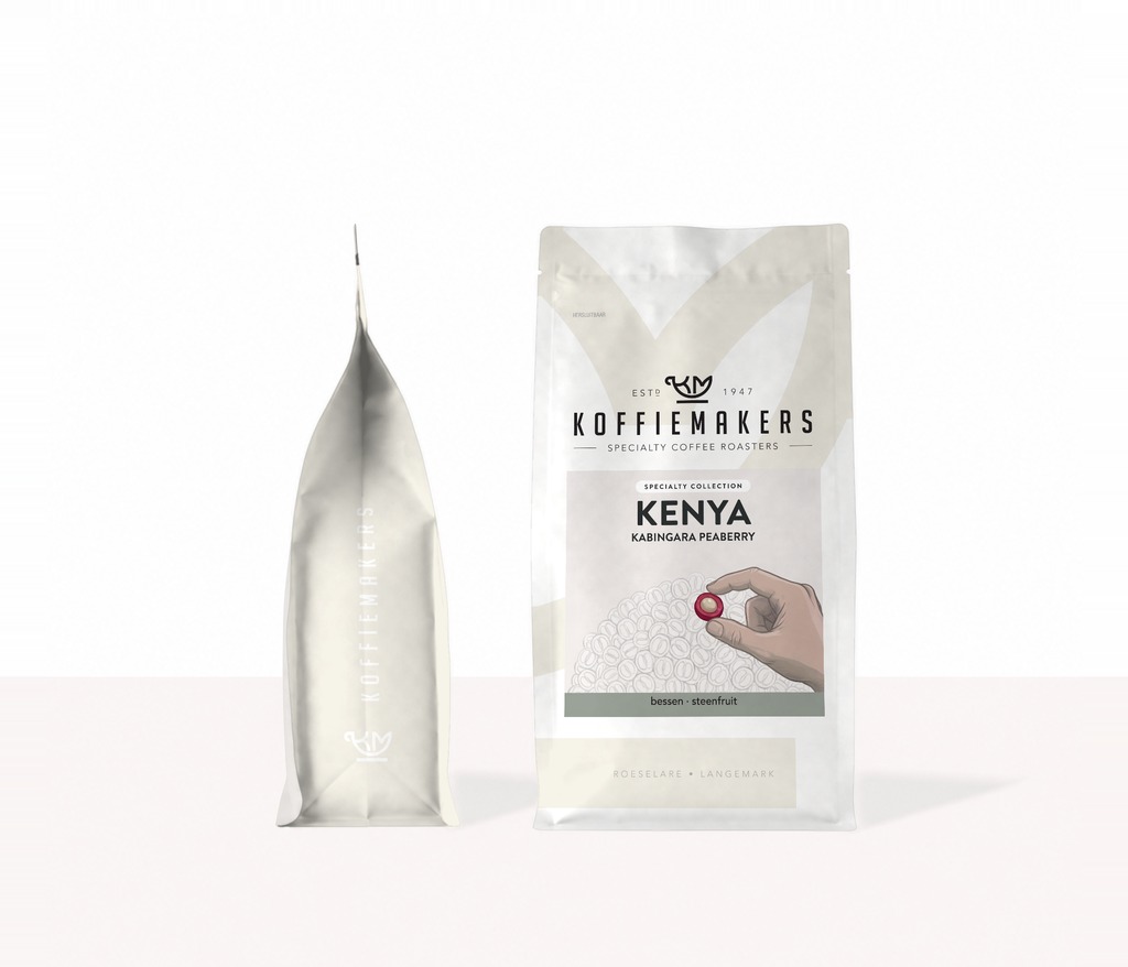 Zak Kenya Kabingara Peaberry van 500 g, zijkant en voorkant
